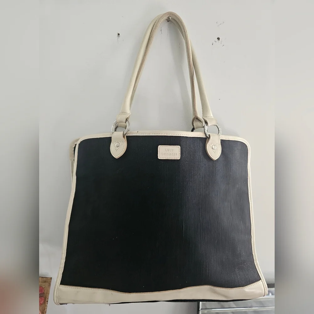 Elegant Lulu Guinness black canvas and beige leather trim shoulder bag